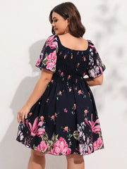 Finjani Allover Floral Print Shirred Midi Dress Plus Size Lantern Sleeve High Waist Dresses For Women 2023 Summer