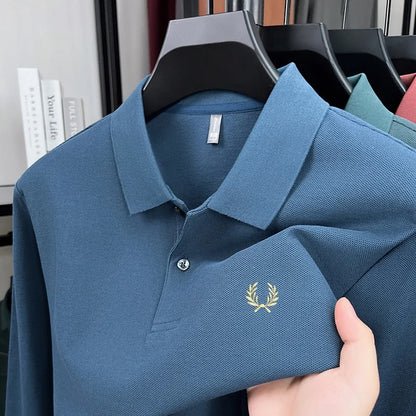 100% pure cotton high-end brand men's long sleeved polo shirt autumn fashion hot selling wheat embroidery golf business T-shirt