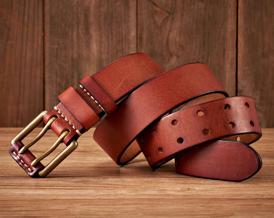 3.8cm Wide Vintage Men's Belt Cowhide Genuine Leather Belt Copper Double Needle Buckle Handmade Jeans Belt Fashion Male Strap