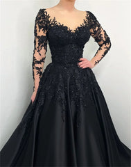 Black Lace Embroidery Beaded Tulle Prom Dress Elegant Out Sleeve Evening Dress