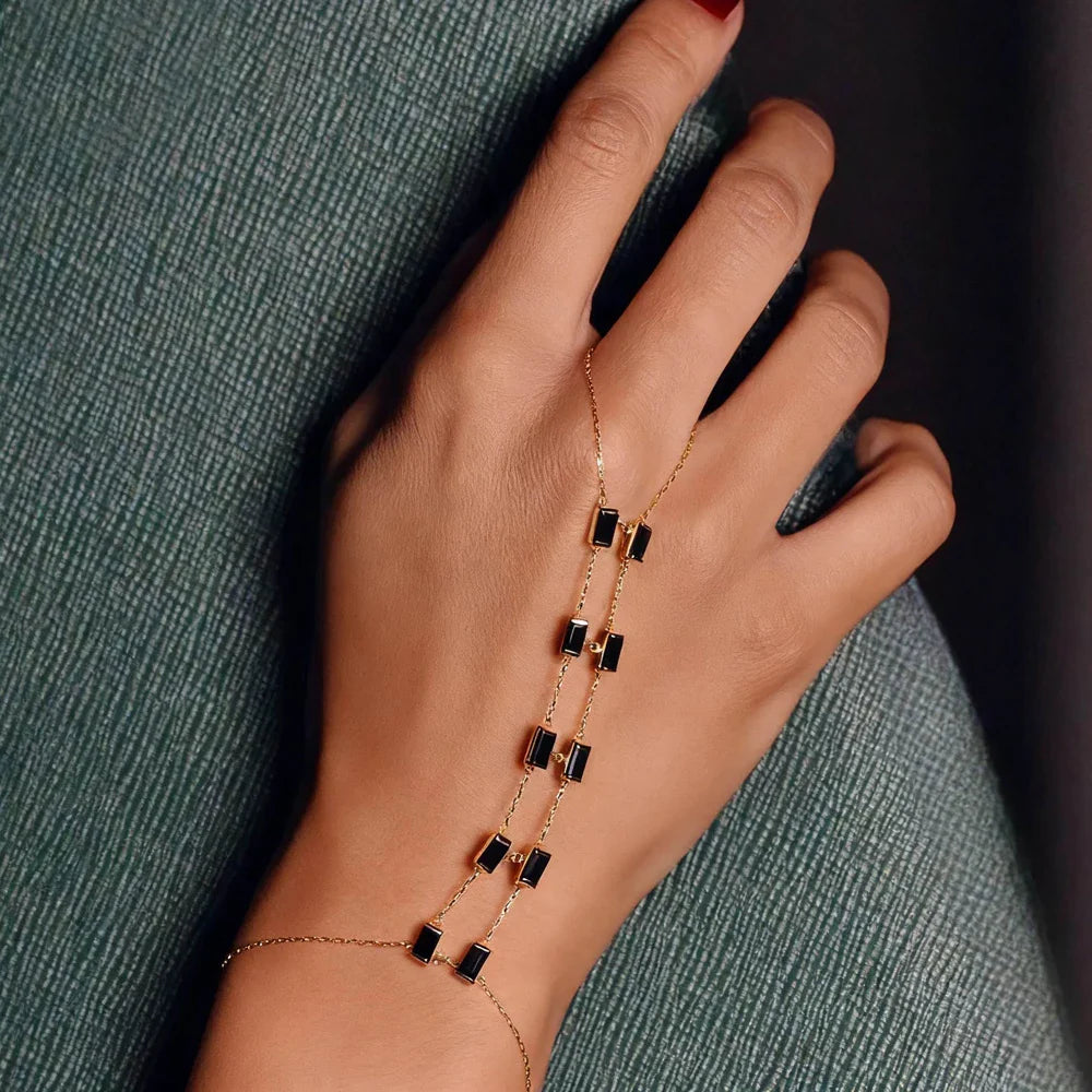 2025 New Geometric Marquise Cubic Zirconia CZ Paved Double Wrist Hand Chain Bracelet Simple Fashion Women Finger Slave Jewelry