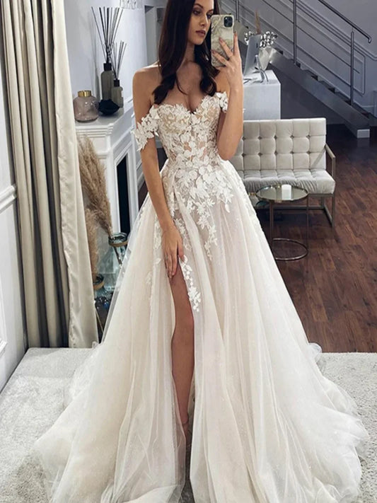 White Bridesmaid Dresses: Lace Wedding Dresses Off The Shoulder Neck Bridal Gowns