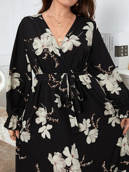 Plus Size Summer Women Dress Wraped V Neck Swing Dresses Waist Belt Floral Pring Robe Ruffle Hem Long Sleeves Female Sundress