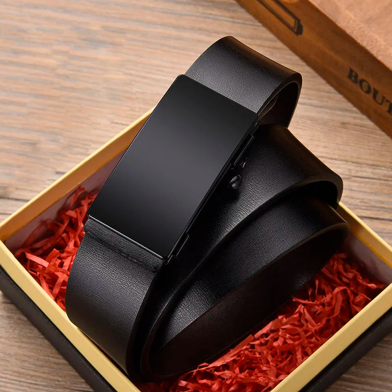DINISITON Men Leather Belt Black Metal Toothless Automatic Buckle Business Casual PU Leather Men's Fashion High Quality Belt