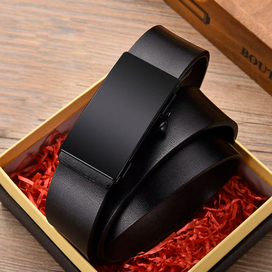 DINISITON Men Leather Belt Black Metal Toothless Automatic Buckle Business Casual PU Leather Men's Fashion High Quality Belt