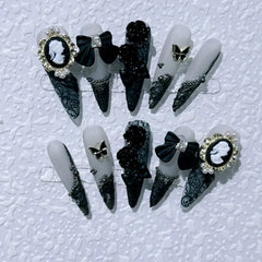 10pc detachable stiletto almond dark cool y2k press on nails ballet Black chain handmade full cover fake nail with glue Nail Art