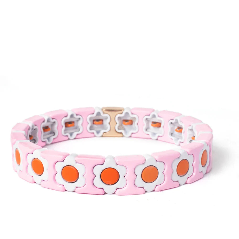 New Design Colorful Flower Charms Bangle For Women Handmade Bohemian Elastic Flower Bracelets Metal Beads Jewelry