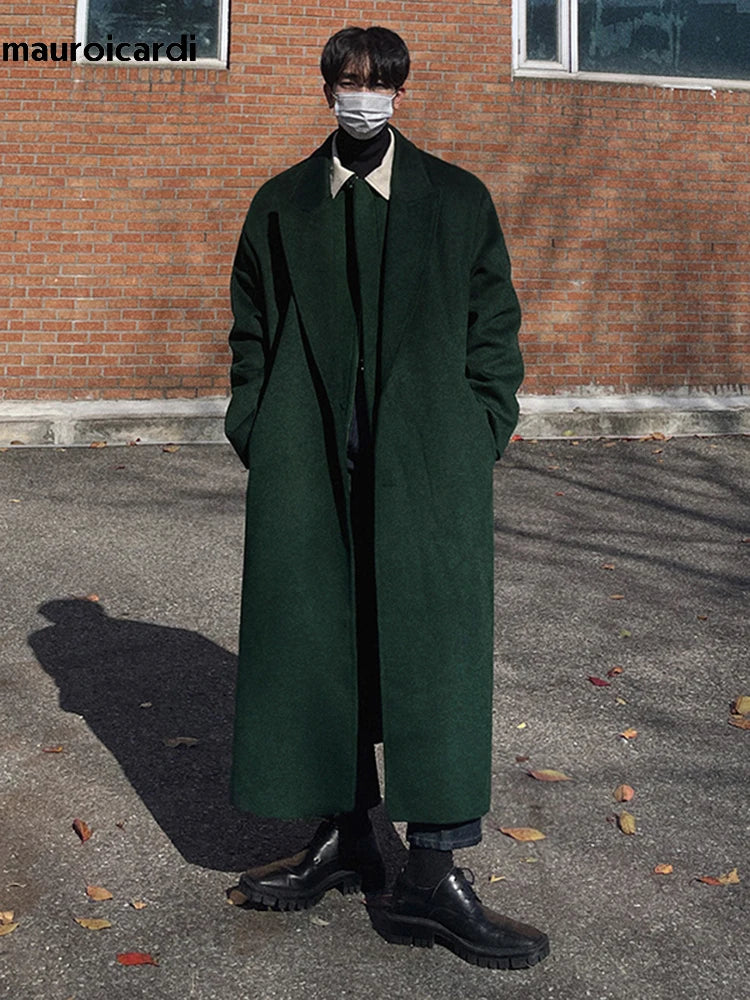 Autumn Winter Long Warm Oversized Soft Dark Green Black Woolen Coat Men