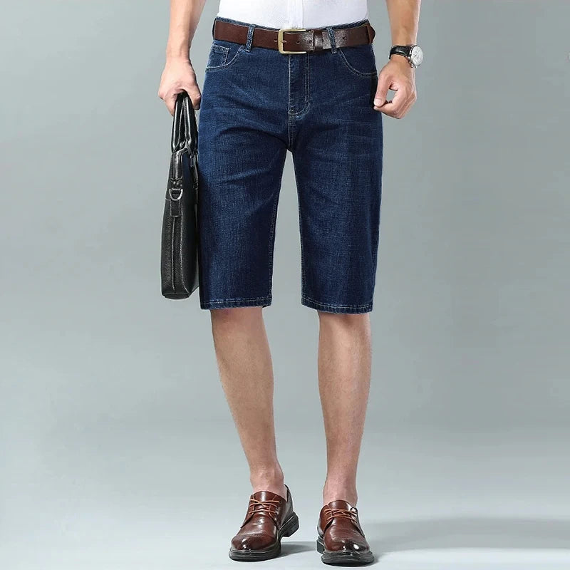 Summer Men Denim Shorts New Style Thin Embroidery Business Casual Straight  Short Jeans Male Brand Clothing Black Blue