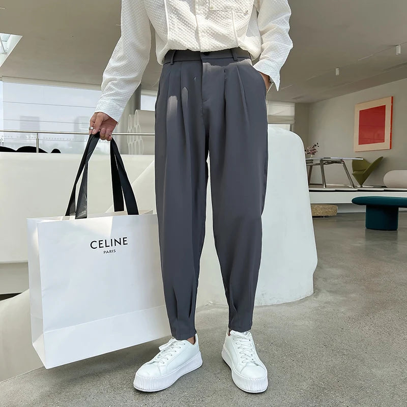 Spring Summer Pants Men Tapered Bottom Slit Trousers Korean Style White Khaki