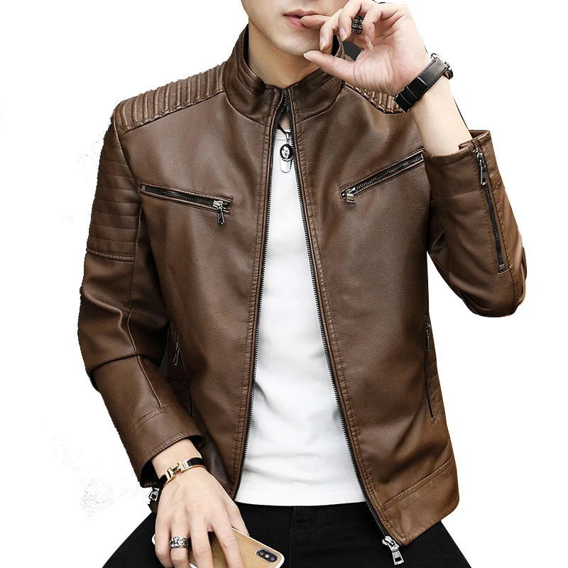 Autumn Winter Stand Collar Loose Casual PU Leather Jacket Male Add Velvet Warm