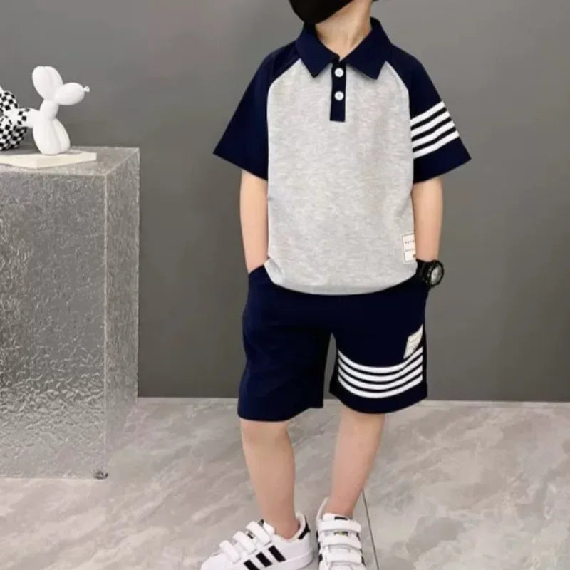 ‌Boys' 2025 New Summer Polo Shirt & Shorts 2-Piece Set Trendy Sporty Waffle Knit Outfit Cool Casual Toddler Kids Clothing