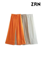 Women Fashion Side Pockets Linen Wide Leg Pants