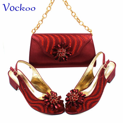 Fashion New Design African Elegant Ladies Shoes Matching Bag Set in Wine Color Slingbacks Peep Toe Low Heels for Wedding