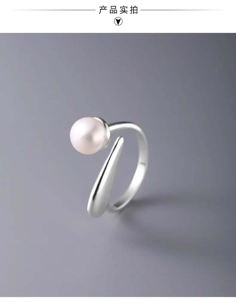925 Sterling Silver Round Pearl Ring Wedding Adjustable Rings For Women Jewelry