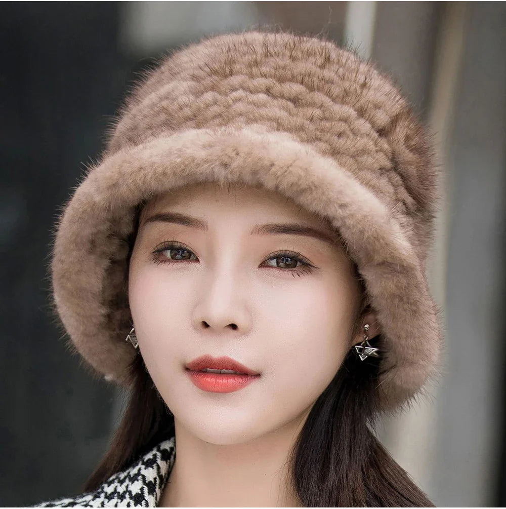 Woman Hat Winter Solid Mink Caps With Flower Natural Mink Fur Hats New Russian Girl Soft Knitting Real Fur Bucket Hats 2026 Warm