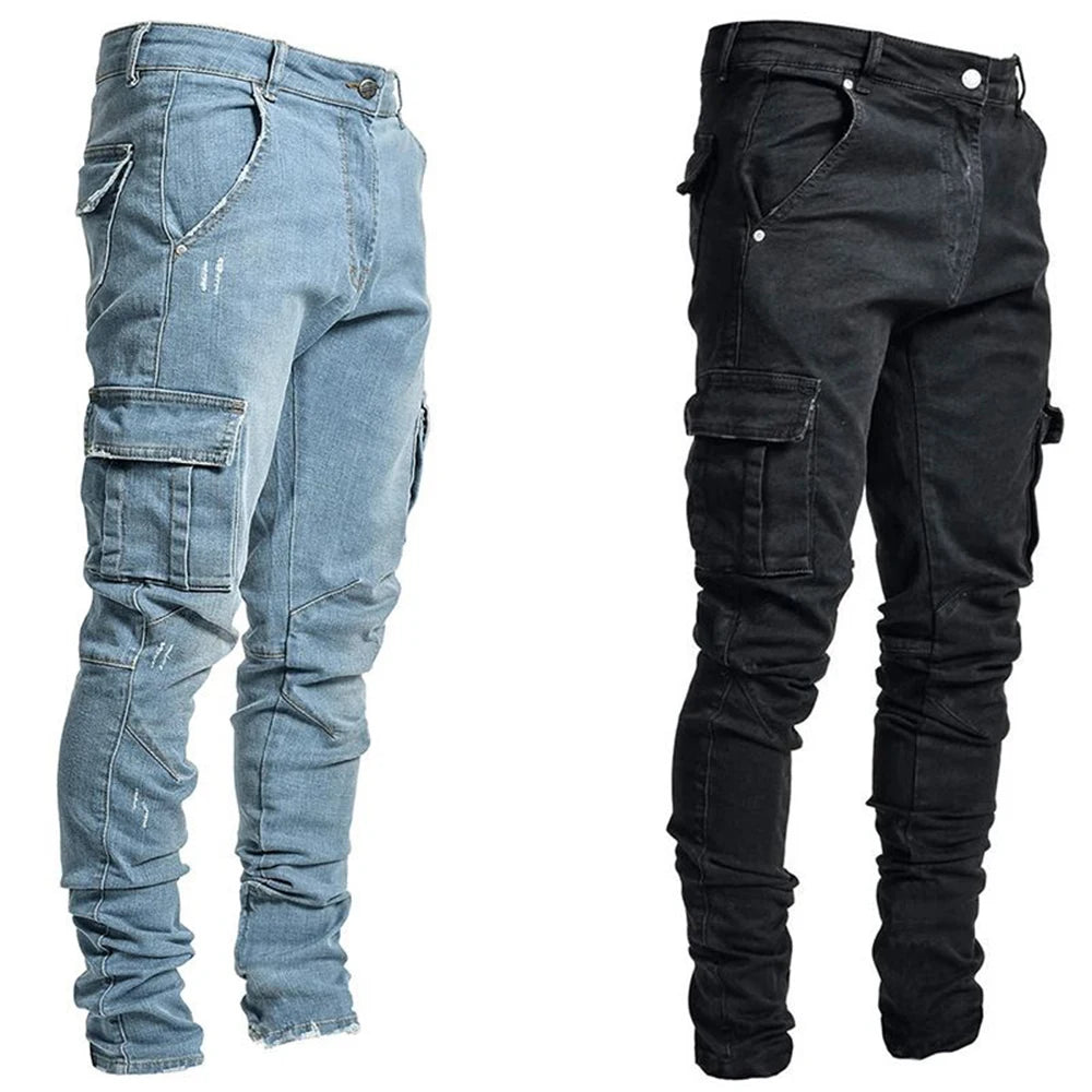 Fashion Streetwear Ripped Skinny Jeans Men Side Mulit Pockets Denim Cargo Pants