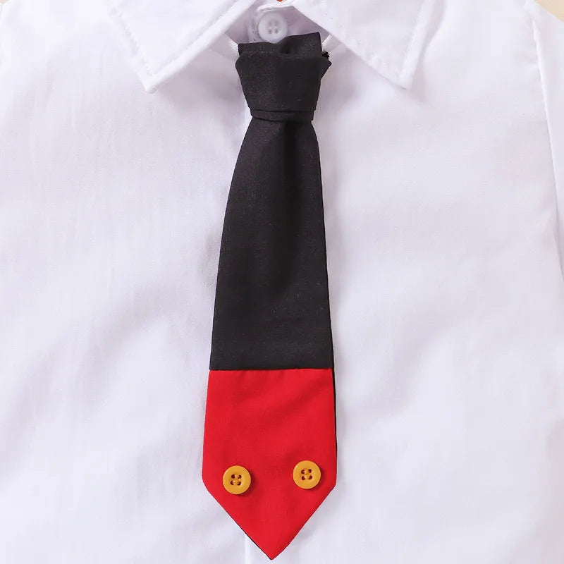 2 Pieces Kids Suit Set, Summer Contrast Color Lapel Short Sleeve Shirt with Necktie+ Short Pants for Boys, 1-8 Years