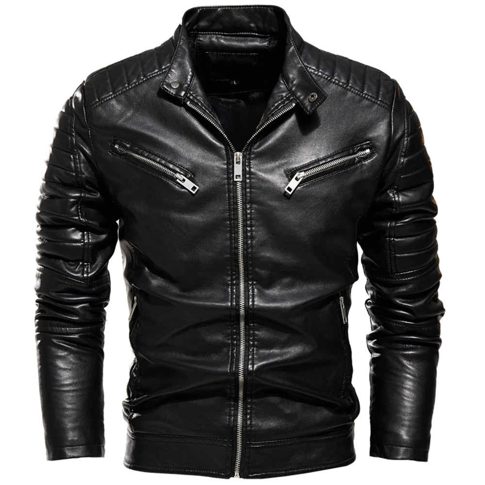 Winter Black Leather Jacket Men Fur Lined Warm Motorcycle Jacket Slim Street