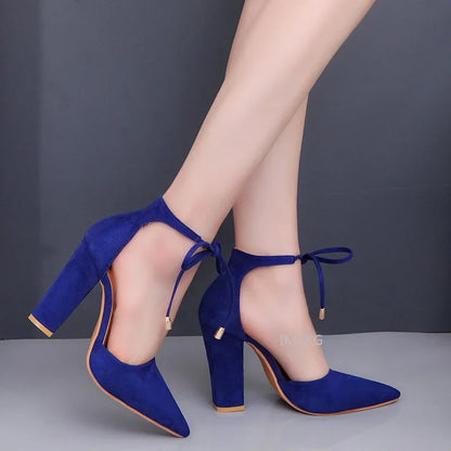 Sexy Pointed Toe Ladies Shoes Square High Heels Lace Up Women Pumps 2023 Wedding Strap Blue Woman Shoes Zapatos Mujer Size 43