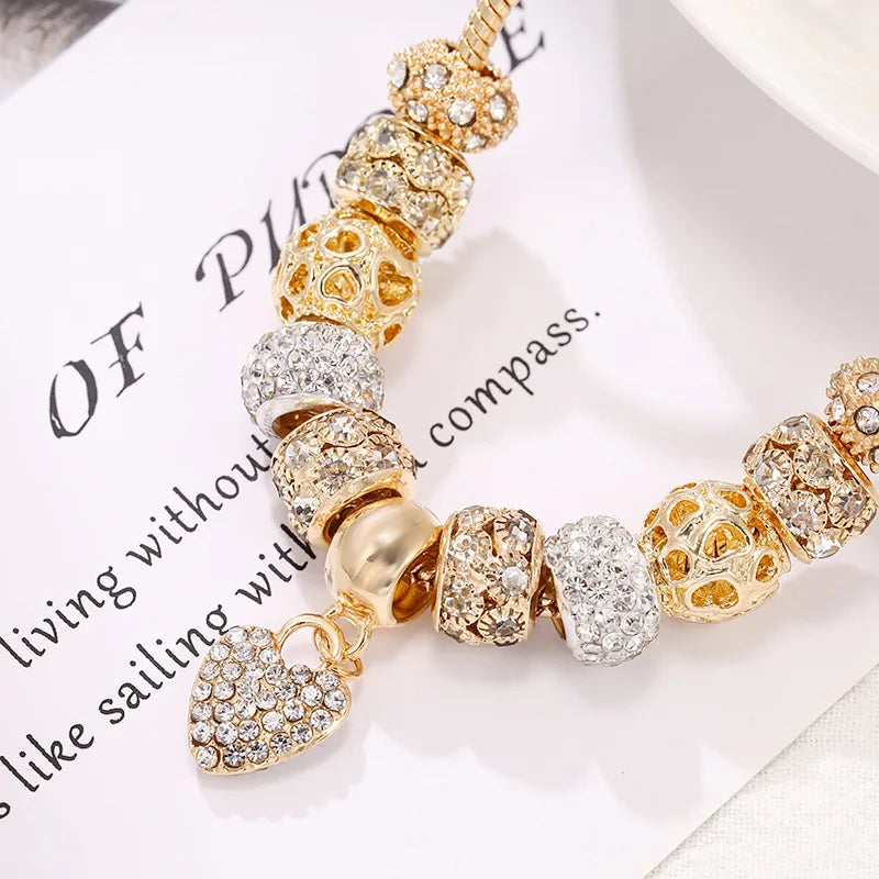 2024 New Crystal Heart Beads Charm Bracelets Gold Color Snake Chain Brand Bracelets for Women Lover Valentine's Day Jewelry Gift