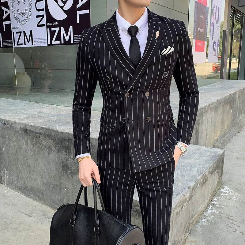 Tuxedo for Mens: Men's Striped Wedding Casual Tuxedo Men's British Slim Suit 2pcs