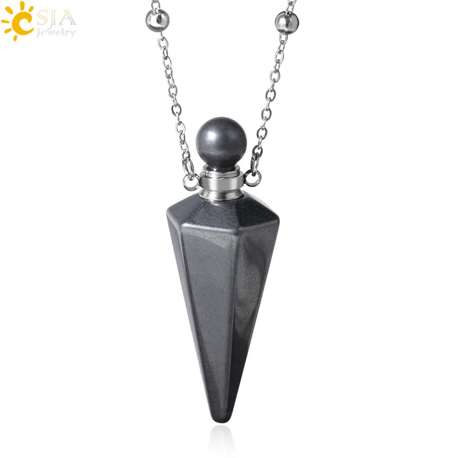 Natural Stone Cone Perfume Bottle necklace Healing Clear Quartz Crystal Pendant Reiki Essentials Oil Diffuser Vial Necklace H119