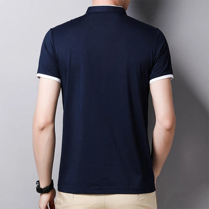 2025 New Men's Casual and Fashionable Solid Color Short Sleeved Stand Up Collar T-shirt Summer Versatile and Comfortable Top