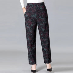 Middle-aged Women Trousers Print Elastic High Waist Casual Pants