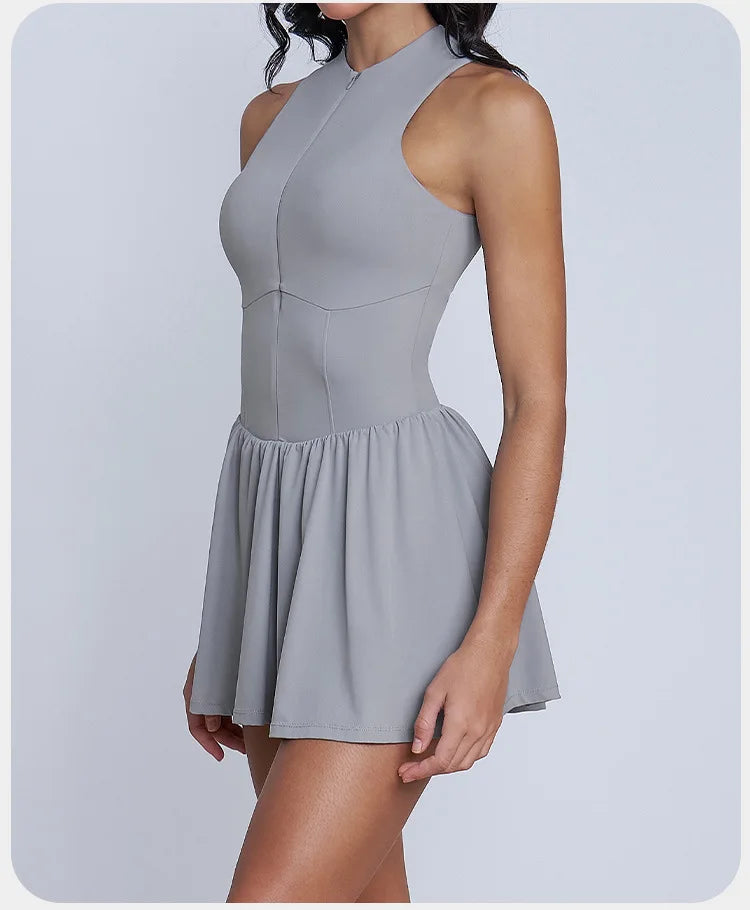 BIANHUI Women's Summer Sundress Fake Two-Piece Stand Collar Dress Running Anti-Exposure Base Layer A Flared Tennis Skirt