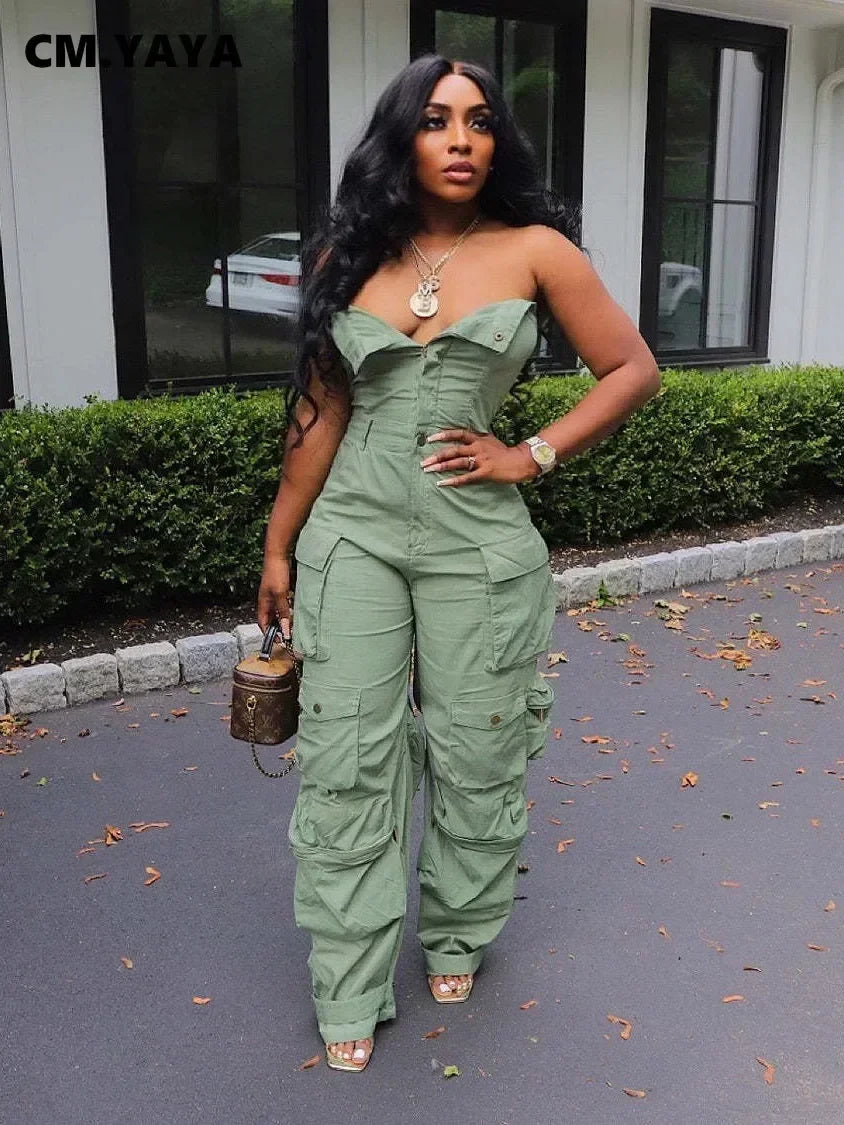 Fashion Women Strapless Button Front Ruched Cargo Jumpsuit