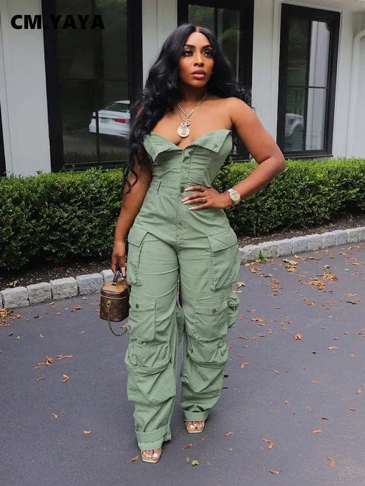 Fashion Women Strapless Button Front Ruched Cargo Jumpsuit