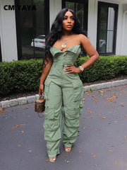 Fashion Women Strapless Button Front Ruched Cargo Jumpsuit