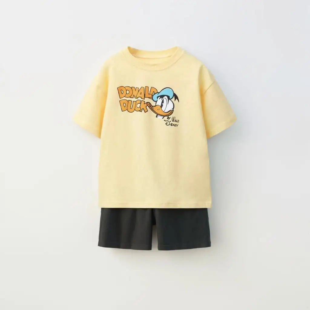 Kids Fashion Stes Casual Colthes Printing Tops+ Solid Color Shorts Loose Costume Two Piece Summer Boys Girls Clothing O-neck Tee