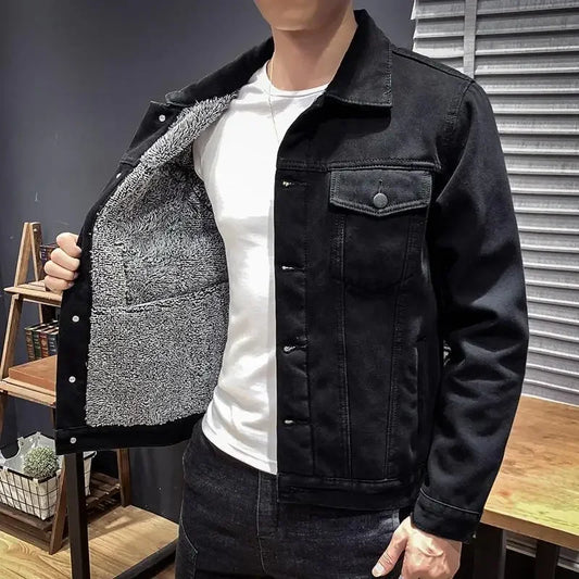 Male Jean Coats with Sheep Padding Men's Denim Jacket Wide Sleeves