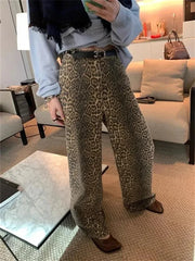 Leopard Cargo Jeans Pant Women Y2K Street Fashion Loose Female Denim Pants