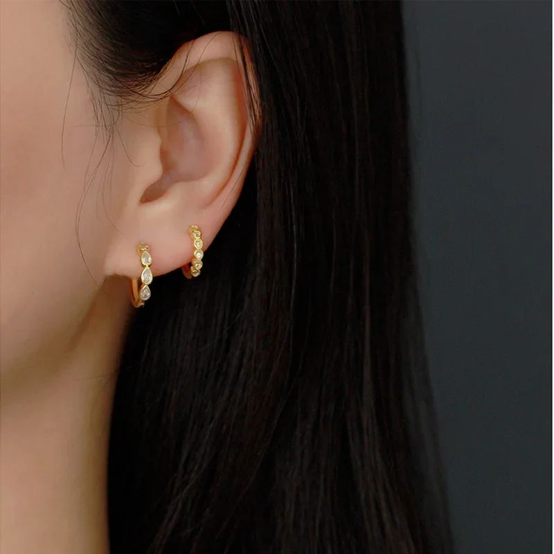 WANTME 925 Sterling Silver Fashion Simple Drop Row Zircon Ear Buckle for Women Elegant European Hoop Earrings Piercing Jewelry