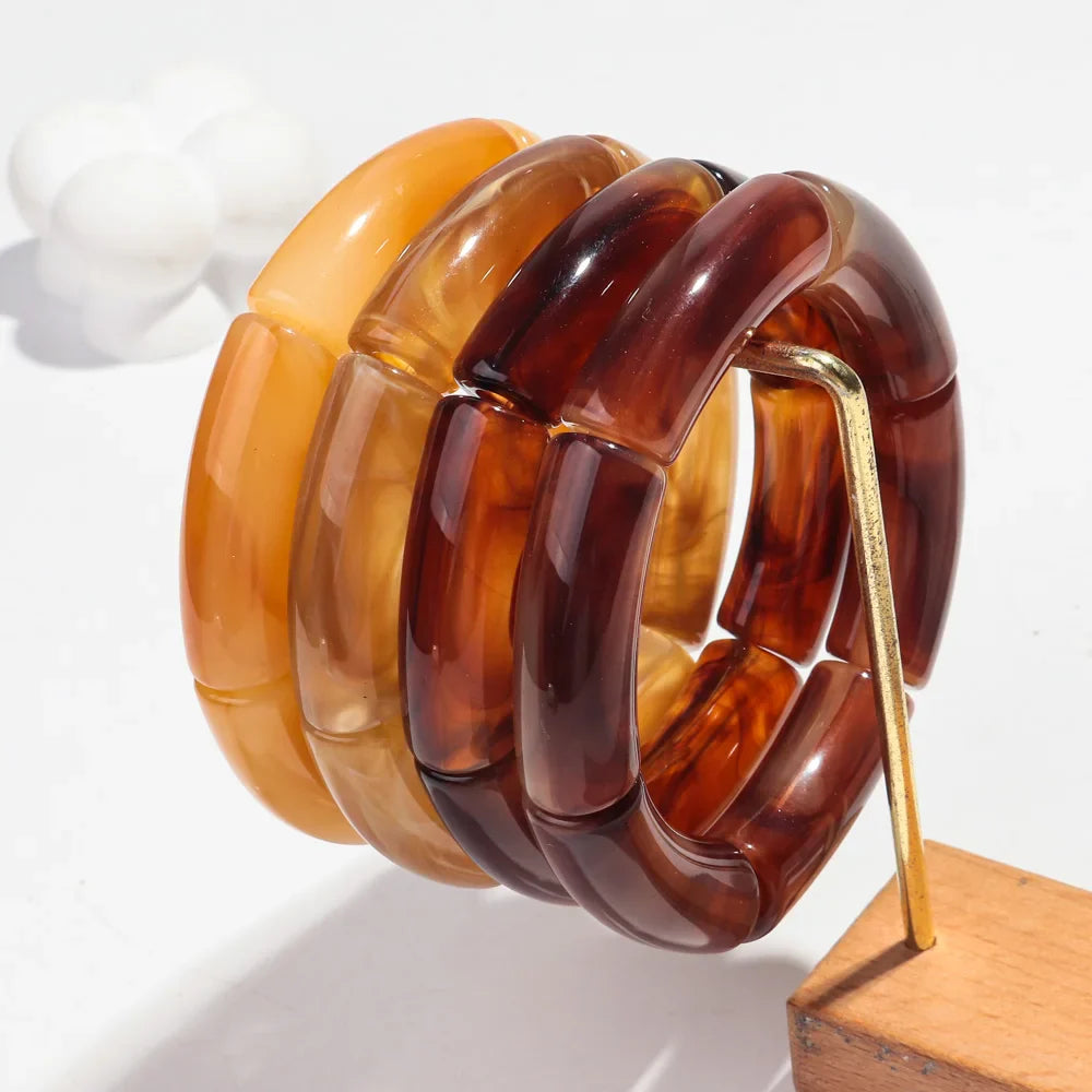 Fashion Acrylic 4PCS/Set Resin Amber Bamboo Bead Elastic Bracelet Bangles Tube Beads Handmake 2024 Trendy Designer Bracelet Set