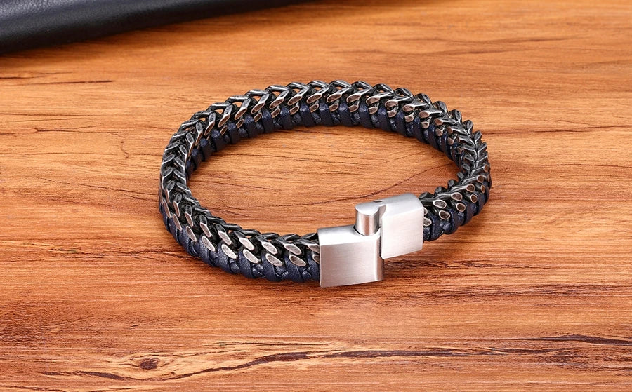 TYO New Fashion Stainless Steel Double Chain Braid Leather Mens Bracelet with Magnetic Buckle Best Gifts Whoesale Dropshipping