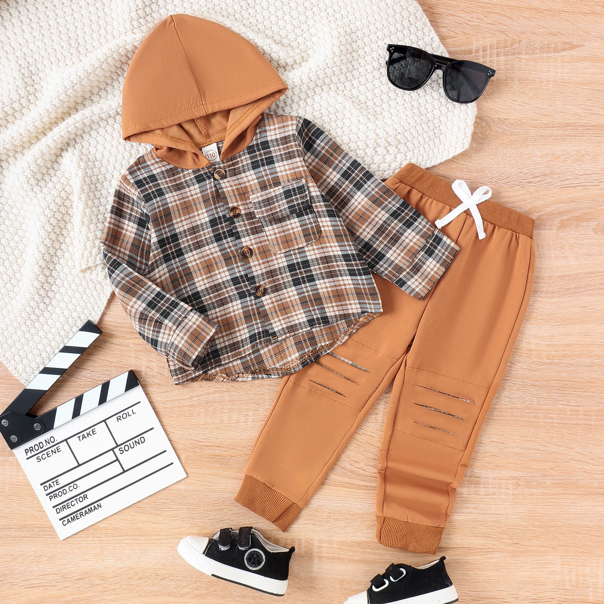 3PCS Autumn Boys Aged 2-6 Are Fashionable And Handsome, Multi-Color Plaid Hooded Long-Sleeved Top + Solid Color Pants Set