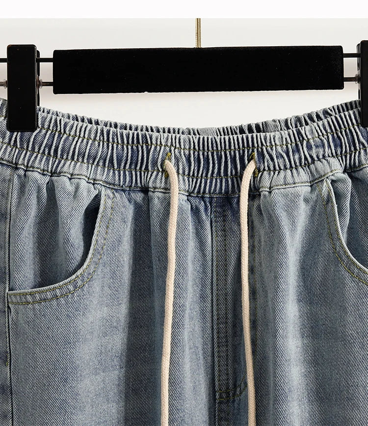 Casual Plus Size Denim Shorts Woman Boyfriend Loose Wide Leg Jeans Short Pants Midi Bermudas Elastic High Waisted Shorts Women