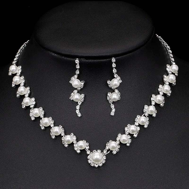 TREAZY Silver Color Pearl Crystal Bridal Jewelry Sets Wave Shape Choker Necklace Earrings Sets for Women Wedding Jewelry Sets