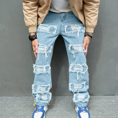 Autumn Stylish Men Ripped Patch Spliced Hip Hop Jeans Streetwear Loose Male