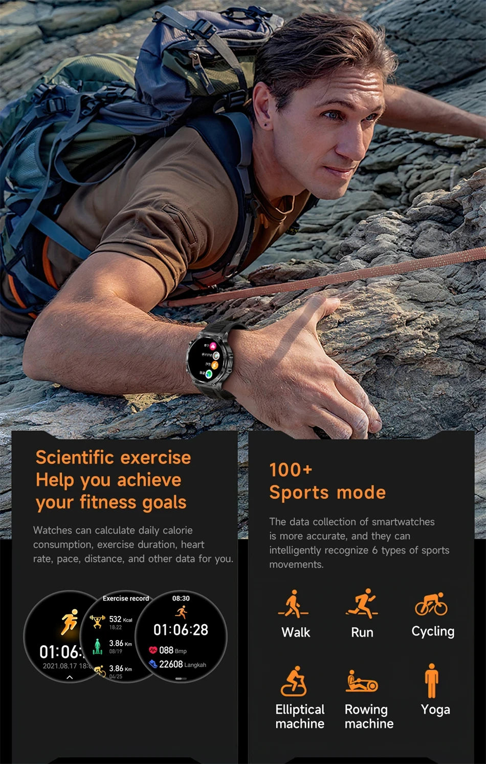 Rugged Outdoor Sports AK82 Smartwatch 1.85" HD Touchscreen 800mAh Long Battery Life Fitness Tracker Calorie Distance Smart Watch