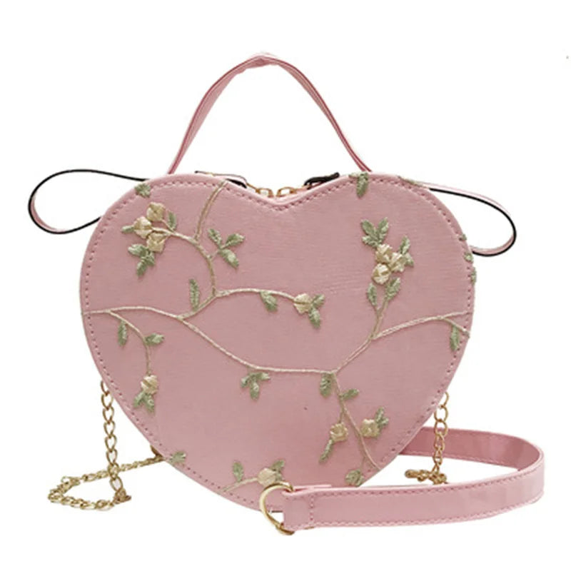 Female Sweet Lace Heart Round Handbags High Quality PU Leather Cross Body Bags