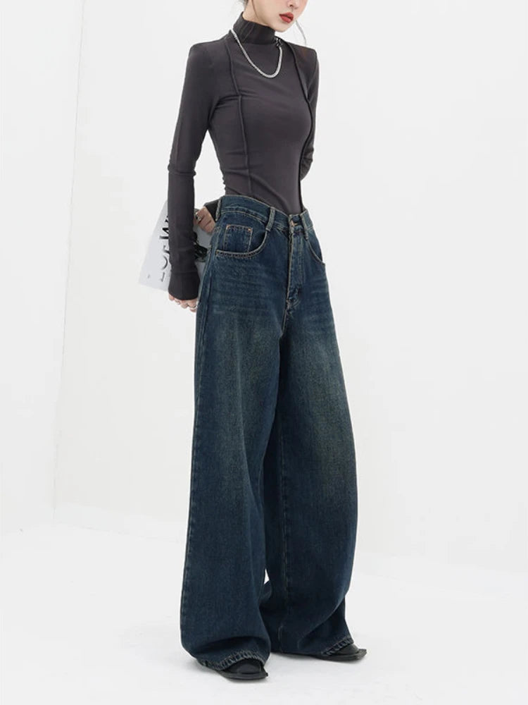 Y2K High Waist Retro Blue Dark Straight Jeans Female Original Korean