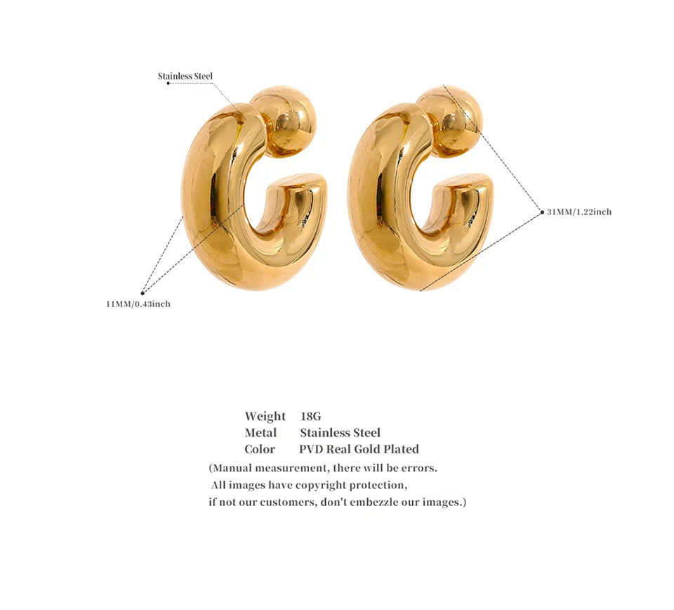 Yhpup Stainless Steel C Shape Round Chunky Unusual Earrings Jewelry Waterproof Metal Texture Attractive Women Accessories Gift