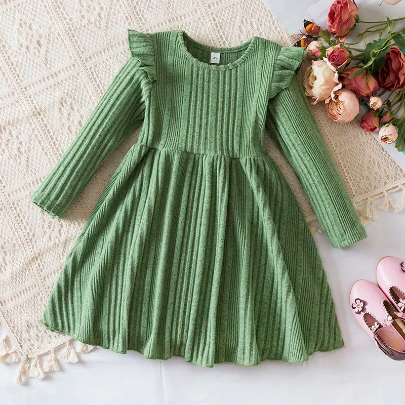 Girls Knit Dress for Autumn Winter Long Sleeve Kids Princess Dress Solid Fashion