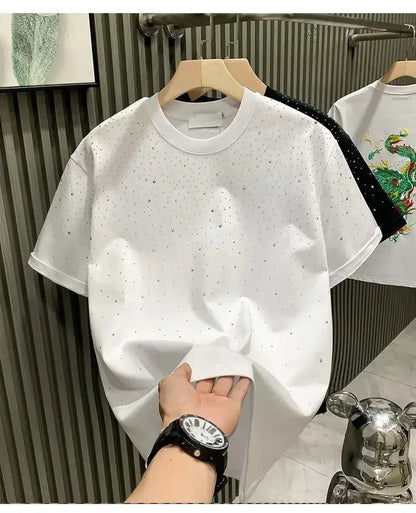 Summer Rhinestone Rivet T-shirt for Men Clothing Round Neck Casual T-shirt Fashion High Street 2025 Men's Summer Short Sleeves