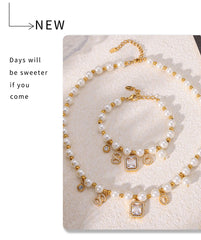 Elegant White Shell Square Zircon Pendant Necklace Bracelet Set Women's Stainless